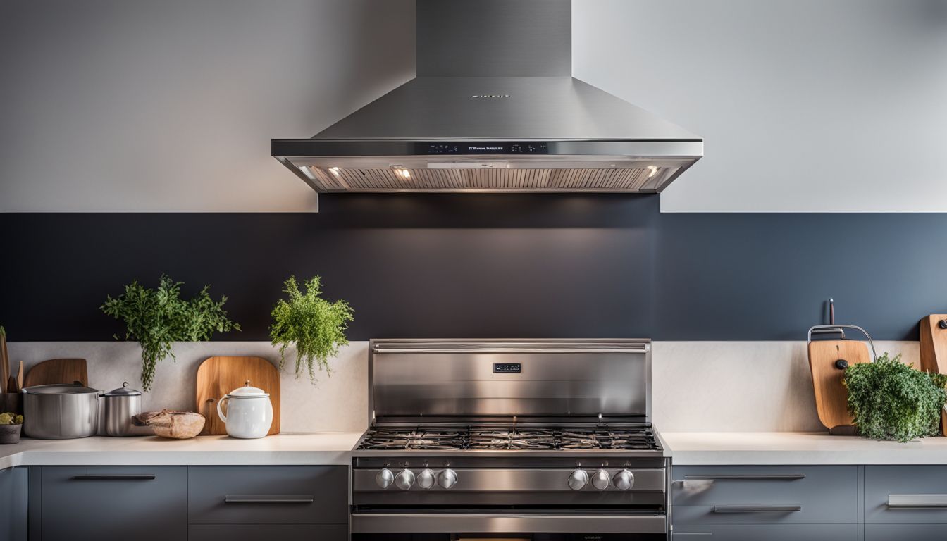 A photo of a pristine oven ceiling, gas stove, and range hood in a busy kitchen.