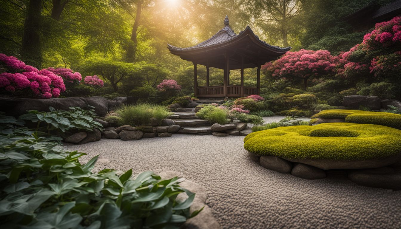 A serene zen garden with flowers, a stone pathway, and a bustling atmosphere captured in a high-quality photograph.