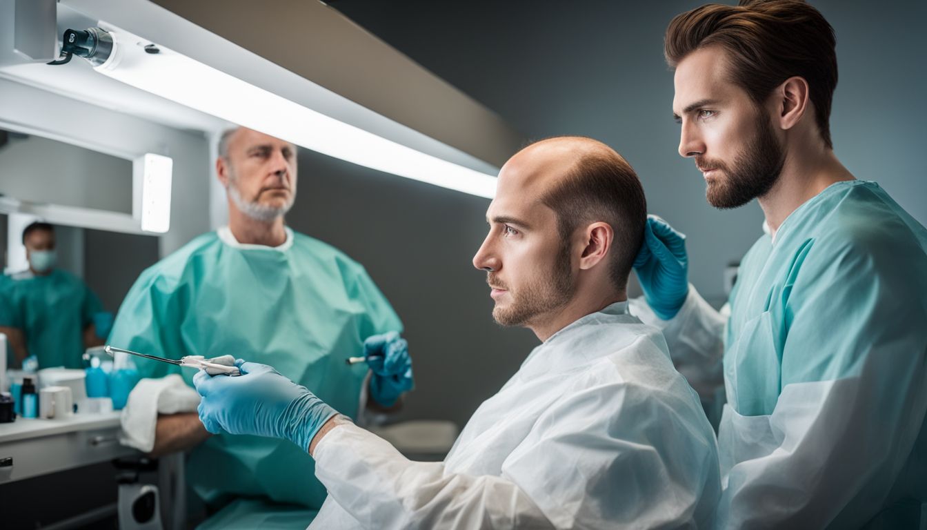 A man undergoing a hair transplant procedure in a modern clinic.