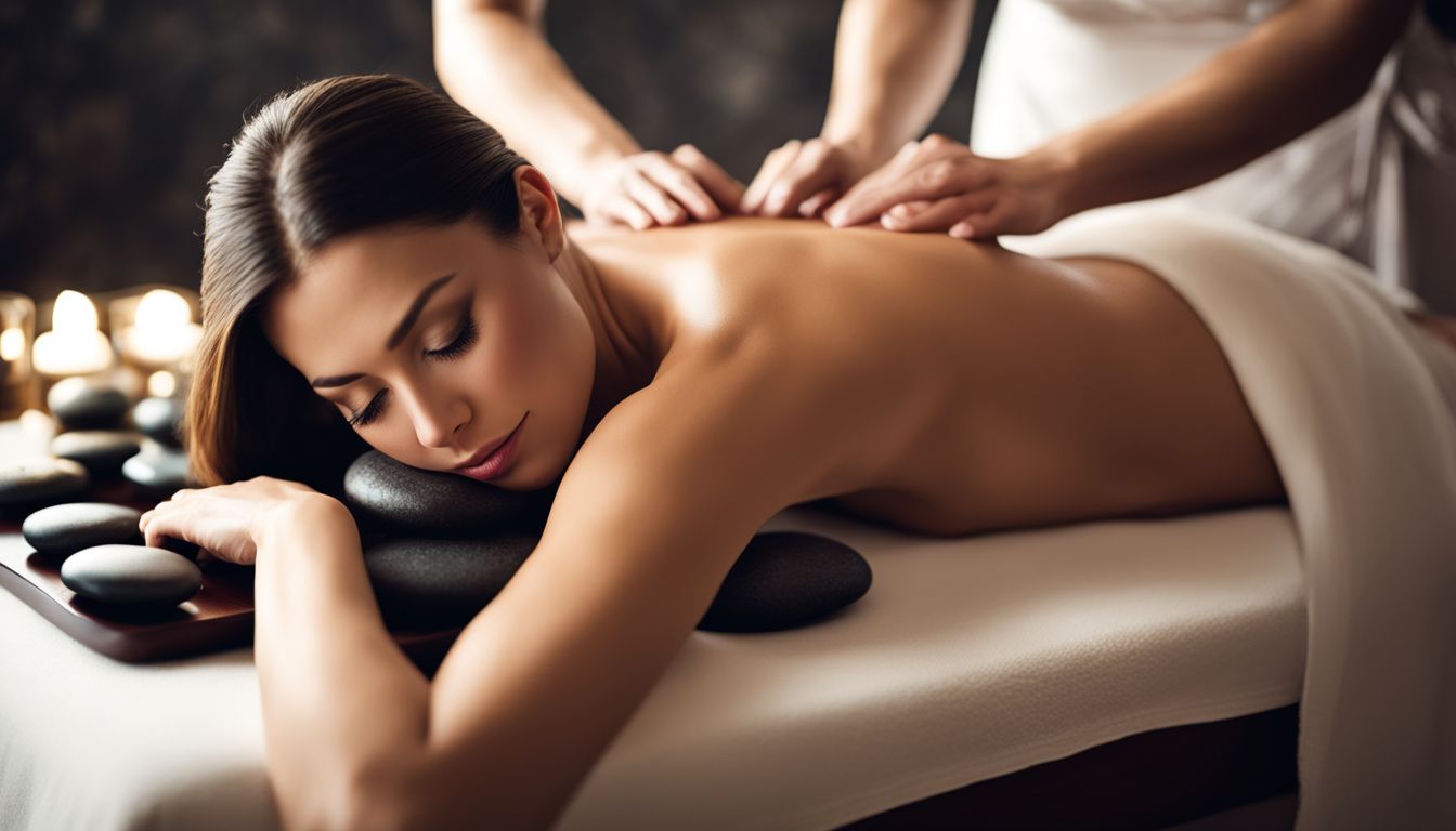 A woman enjoying a hot stone massage in a peaceful spa setting.