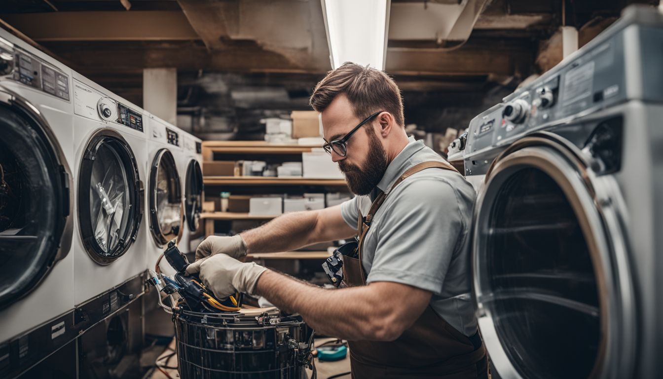A repair technician is fixing a dryer with tools and troubleshooting equipment in a bustling atmosphere.
