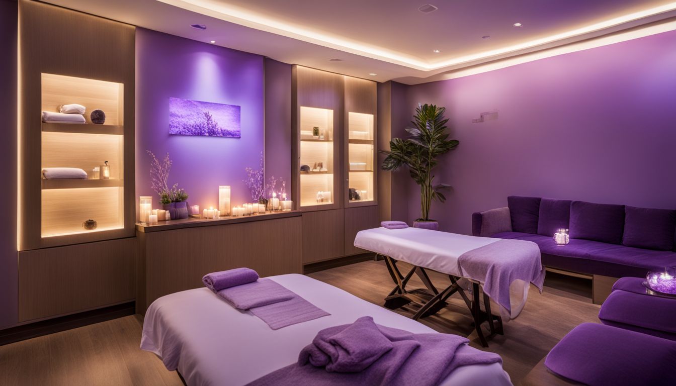 A tranquil massage room with a lavender scent, featuring diverse individuals in various outfits, captured with high-quality equipment.