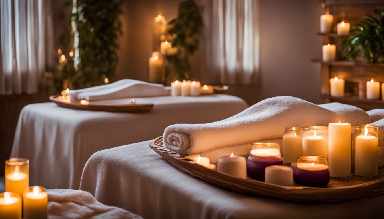 A tranquil spa setting with a massage table surrounded by candles and a bustling atmosphere.