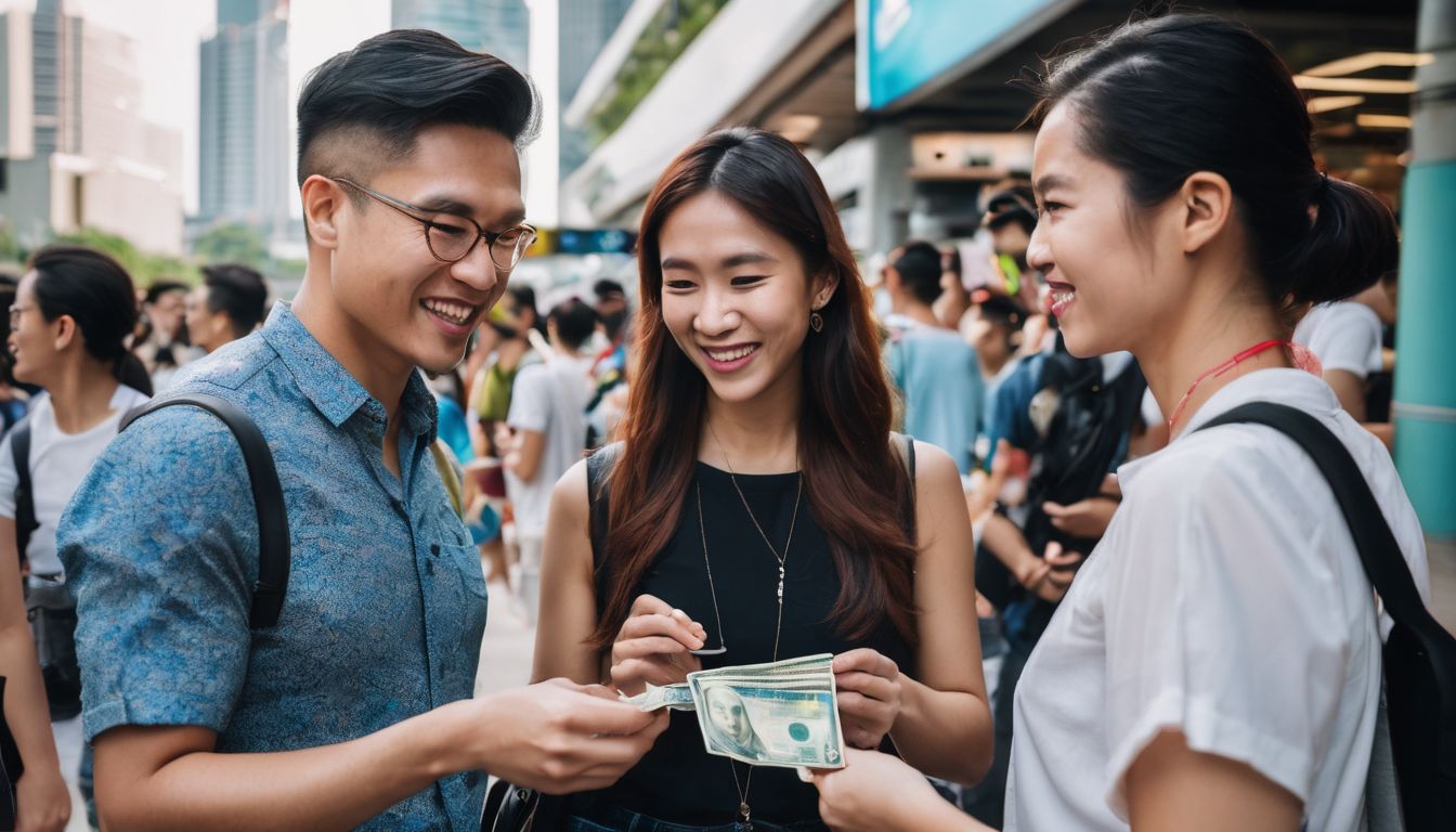 A diverse group of people exchanging currency near Woodlands MRT Station.