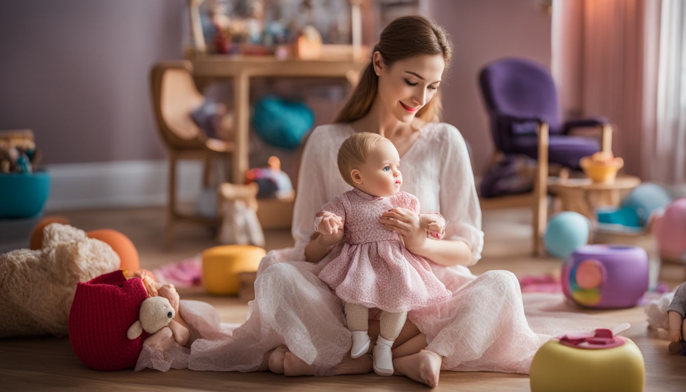 A photograph of a toy nanny figure caring for a baby doll in an organized playroom.