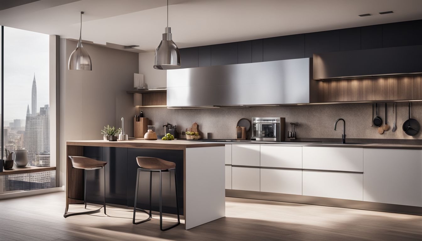 A modern kitchen with various individuals, diverse hairstyles and outfits, featuring a sleek stainless steel pedal bin.