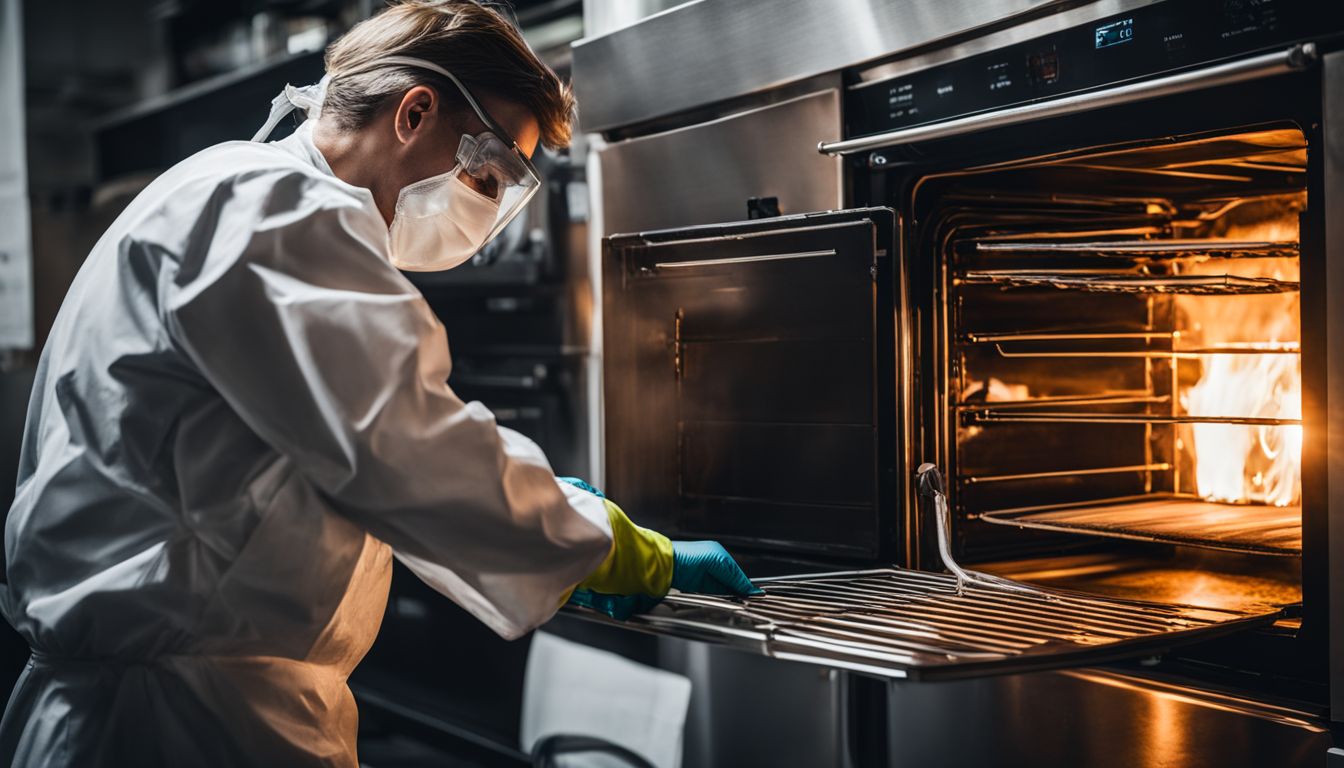 A technician professionally cleans an oven, wearing protective gear, in a bustling atmosphere.