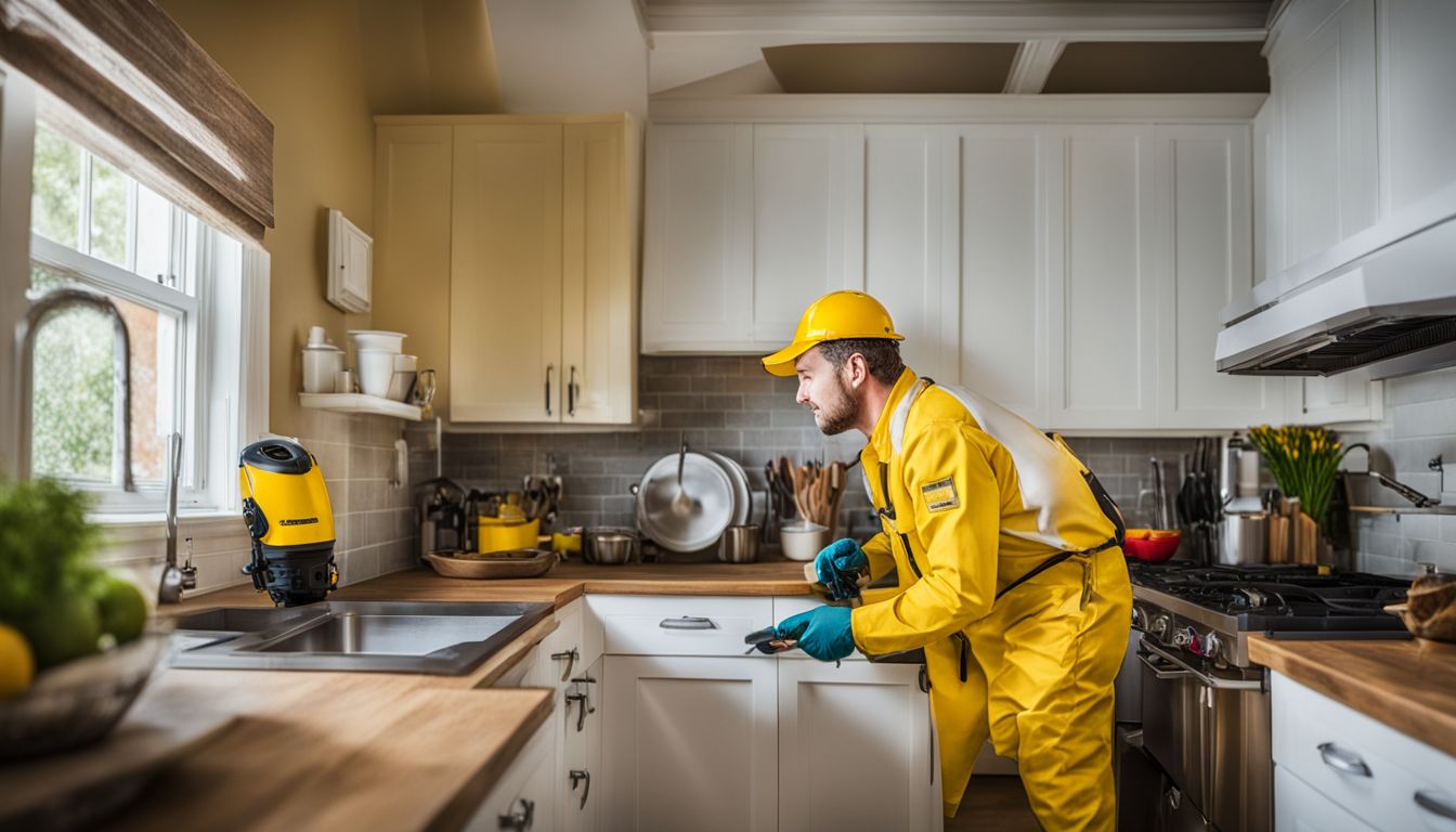 A professional pest control technician inspecting a kitchen for pests in a commercial setting.
