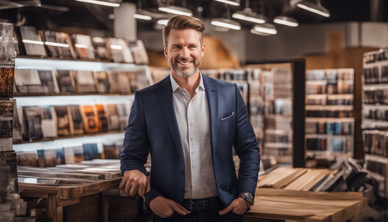 A photo of a confident store owner presenting a variety of laminate prints showcasing cityscape photography and detailed human faces.