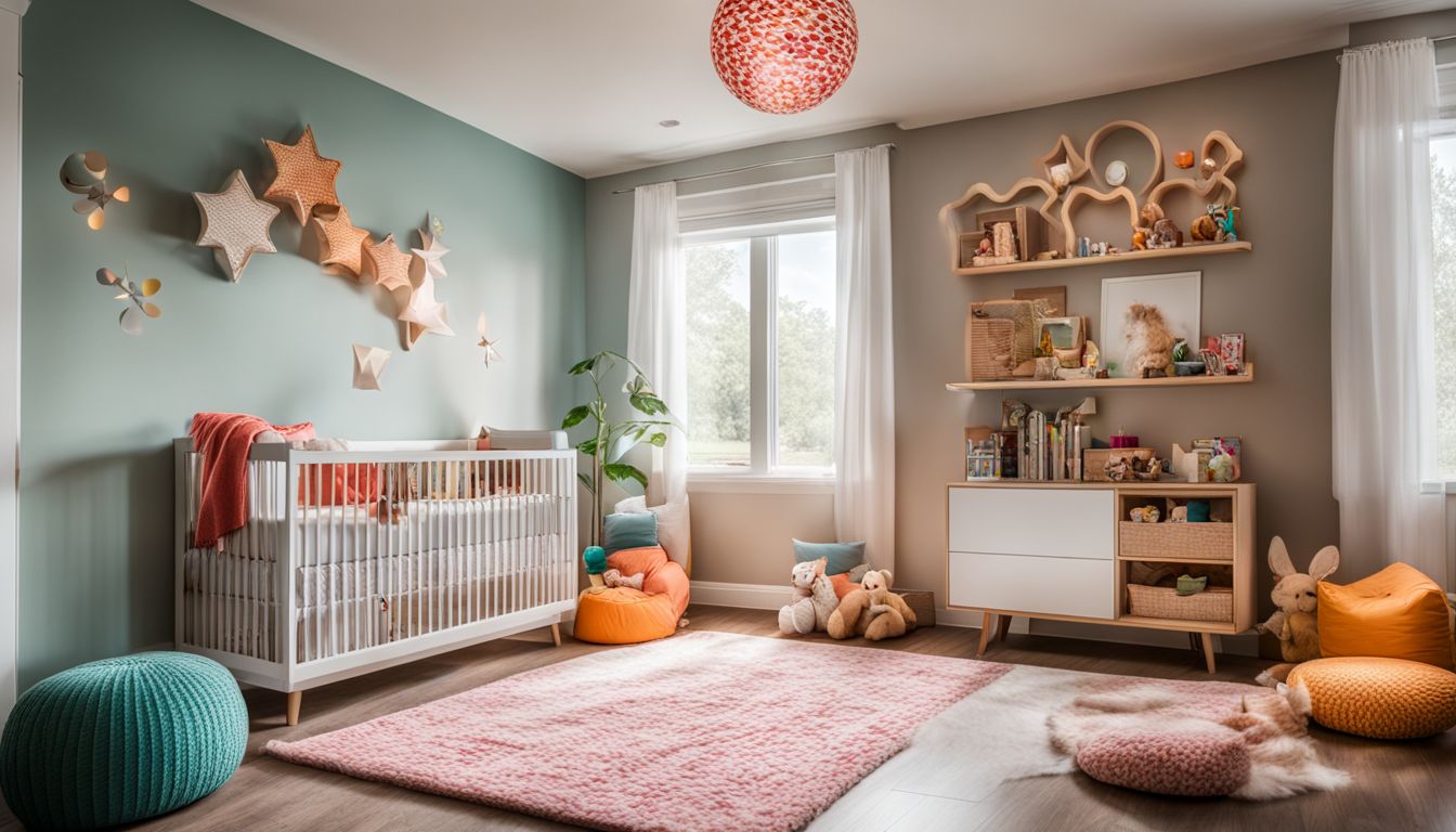 The photo shows a modern and cozy nursery room filled with vibrant colors, playful toys, and people of different styles.