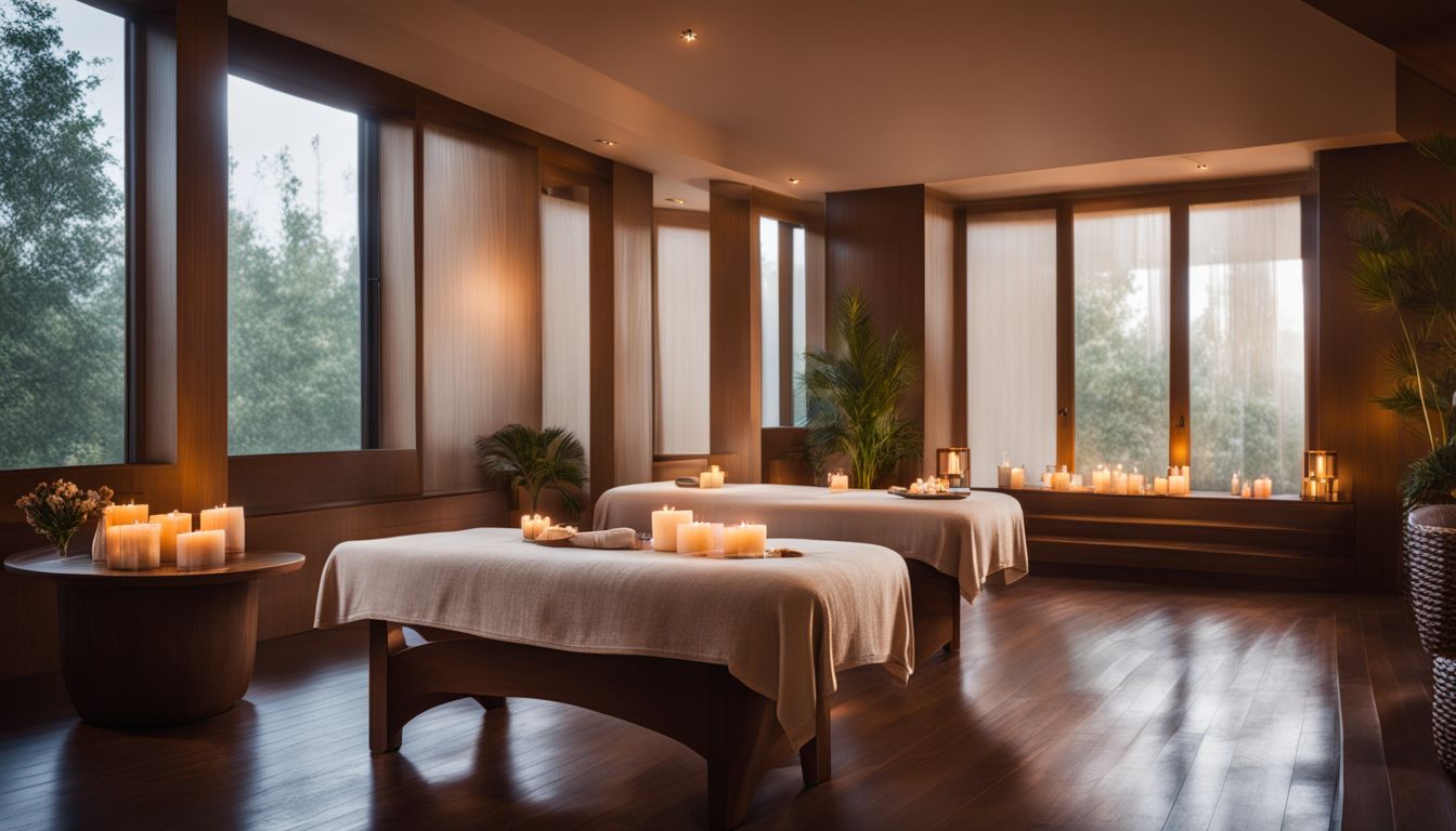 A calming spa room with a variety of people enjoying a relaxing atmosphere and treatments.