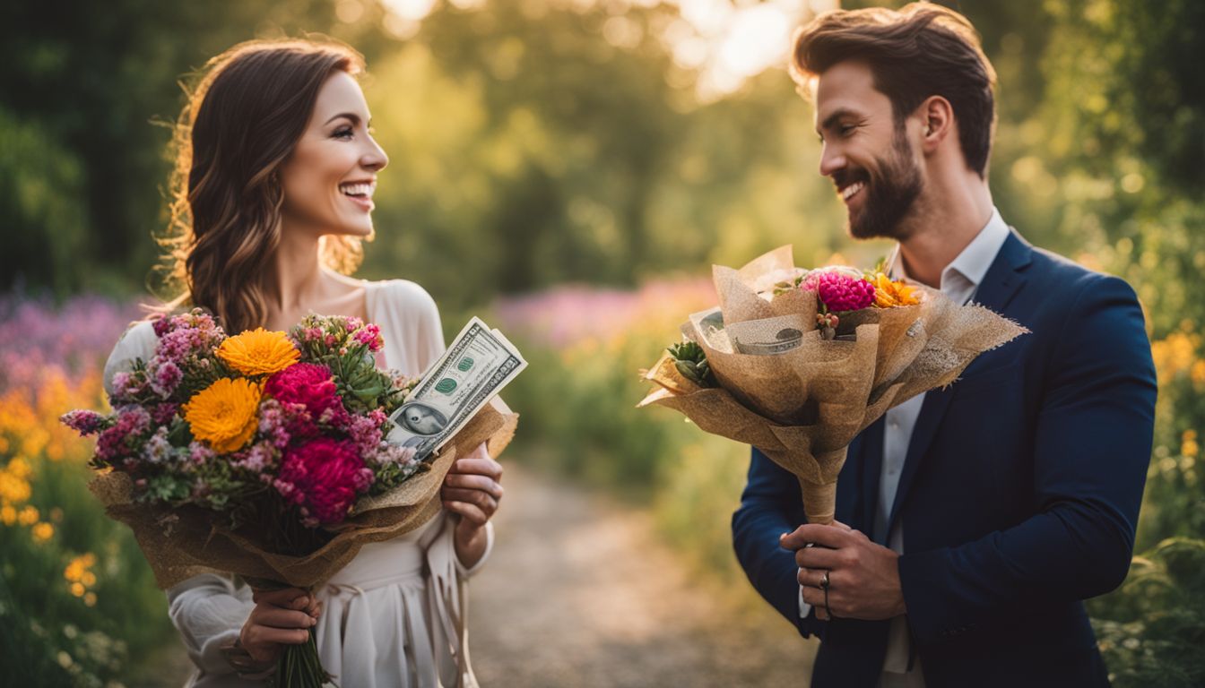 A couple happily holding a bouquet of money surrounded by flowers in a bustling atmosphere.