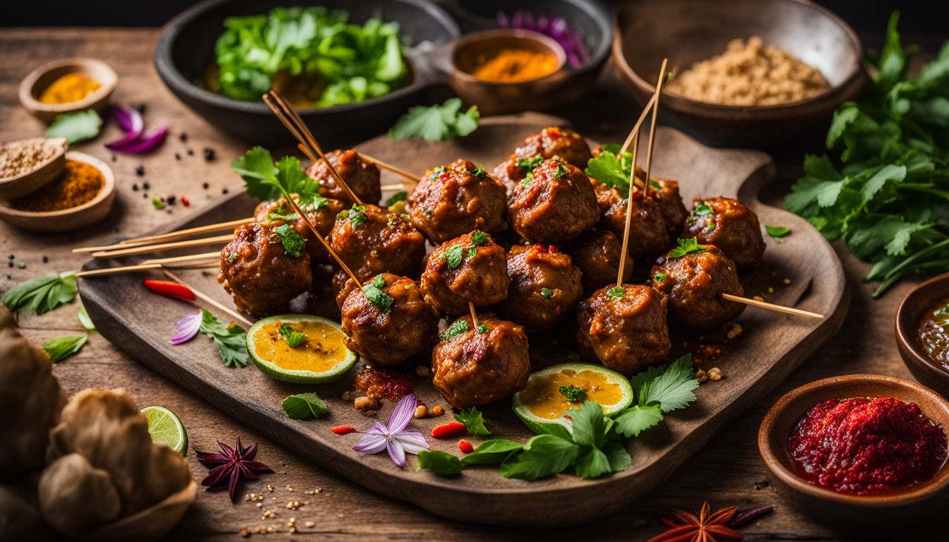 The photo shows Pork Satay Meatballs surrounded by colorful spices and herbs on a rustic wooden platter.