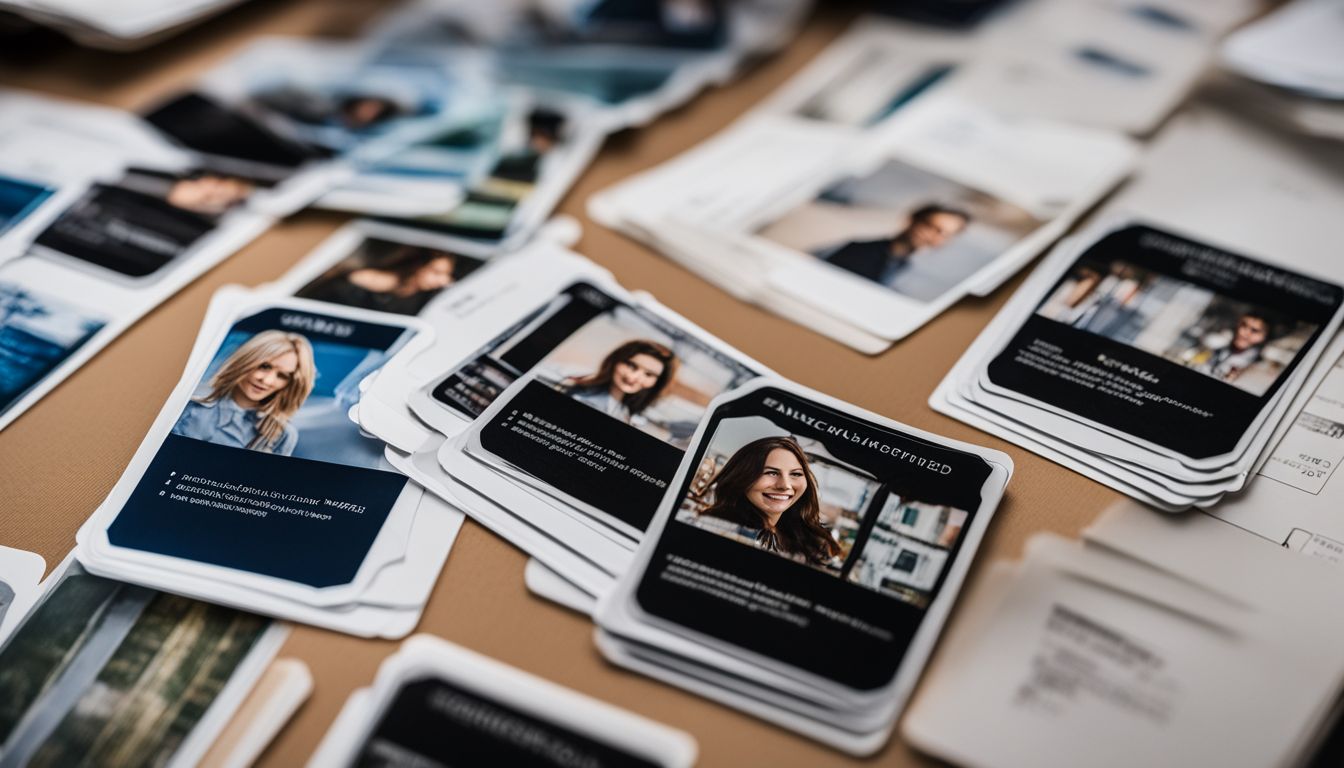 A stack of neatly arranged laminated identification cards with a variety of faces, hair styles, and outfits.