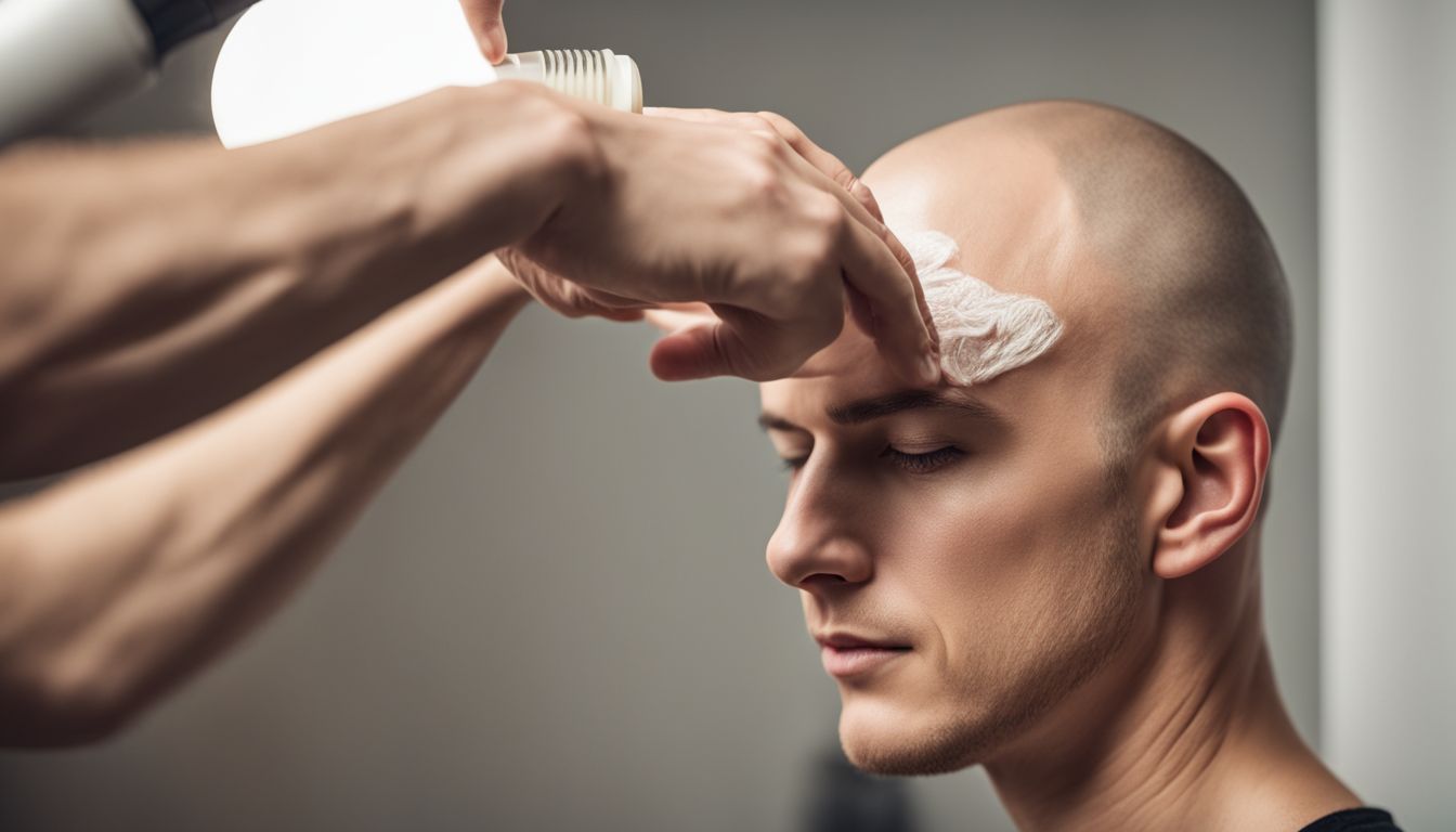 'A person with a shaved head applies moisturizer to their scalp in a studio setting.'