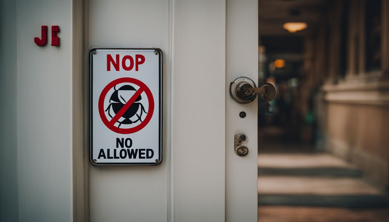 A close-up photo of a sealed door with a 'no ants allowed' sign in a bustling city.