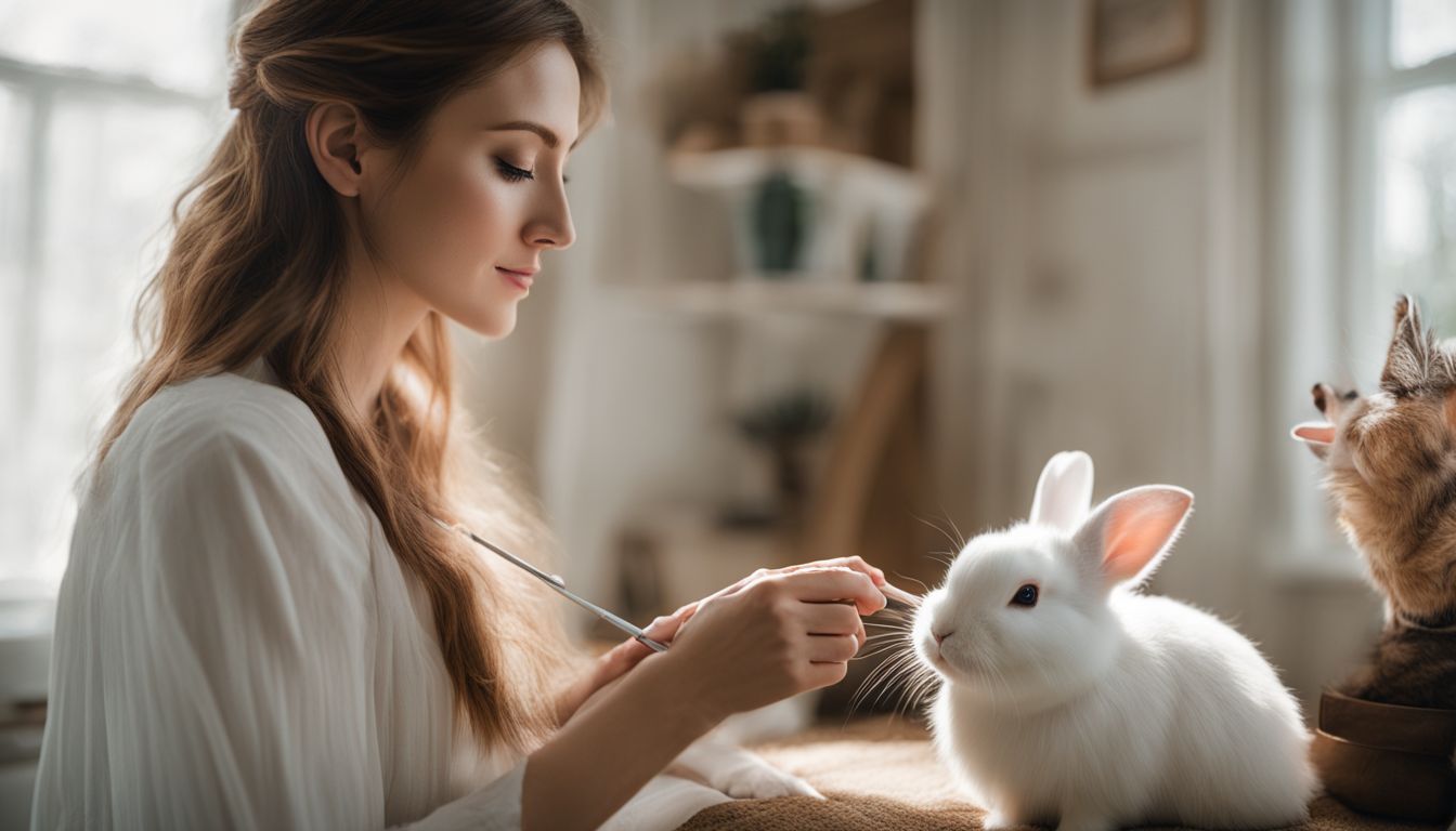 A woman gently brushes a white rabbit's fur in a bright room surrounded by different faces and outfits.