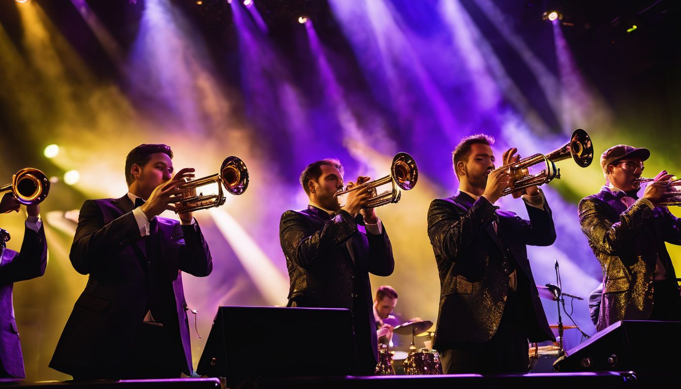 A diverse group of passionate trumpet players performing together on stage with precision and enthusiasm.