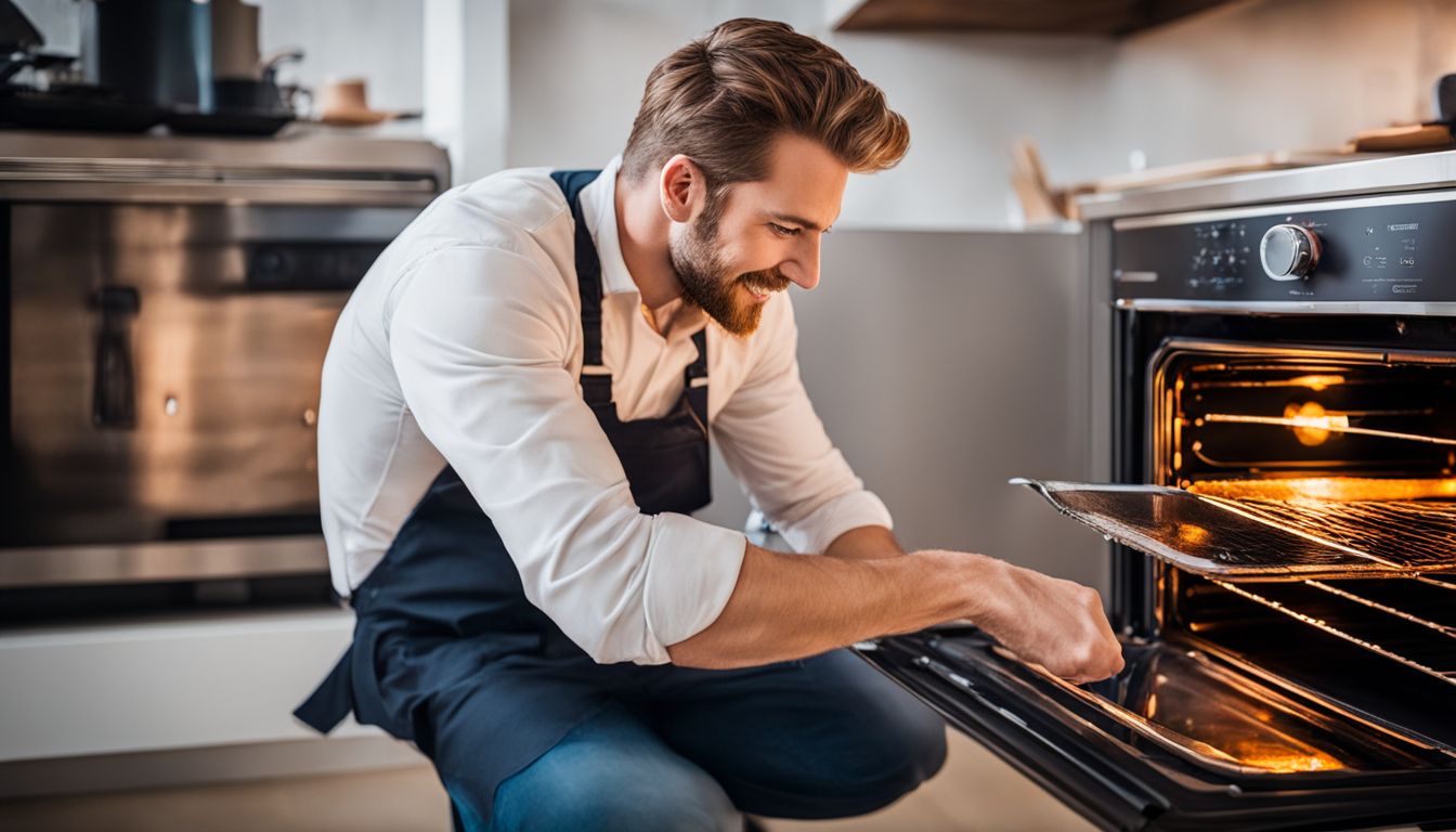 A professional cleaner is seen working on a sparkling oven in a bustling atmosphere alongside an appliance repairman.