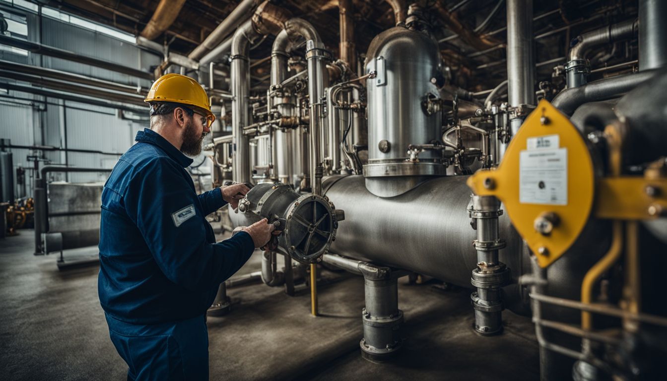 A plumber inspects pipes in a sewage treatment plant in a bustling atmosphere.