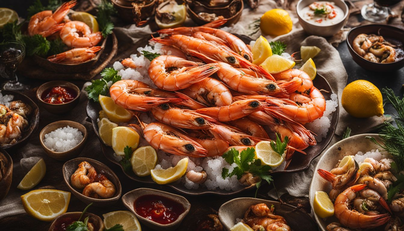 A platter of fresh prawns and various seafood dishes displayed in a bustling and vibrant atmosphere.