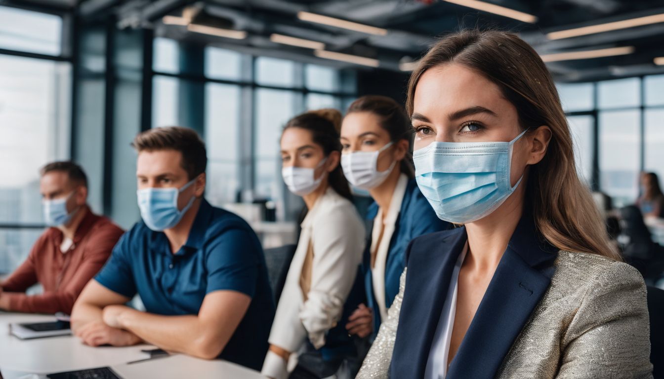 A diverse group of colleagues wearing face masks practice social distancing in a sanitized office space.