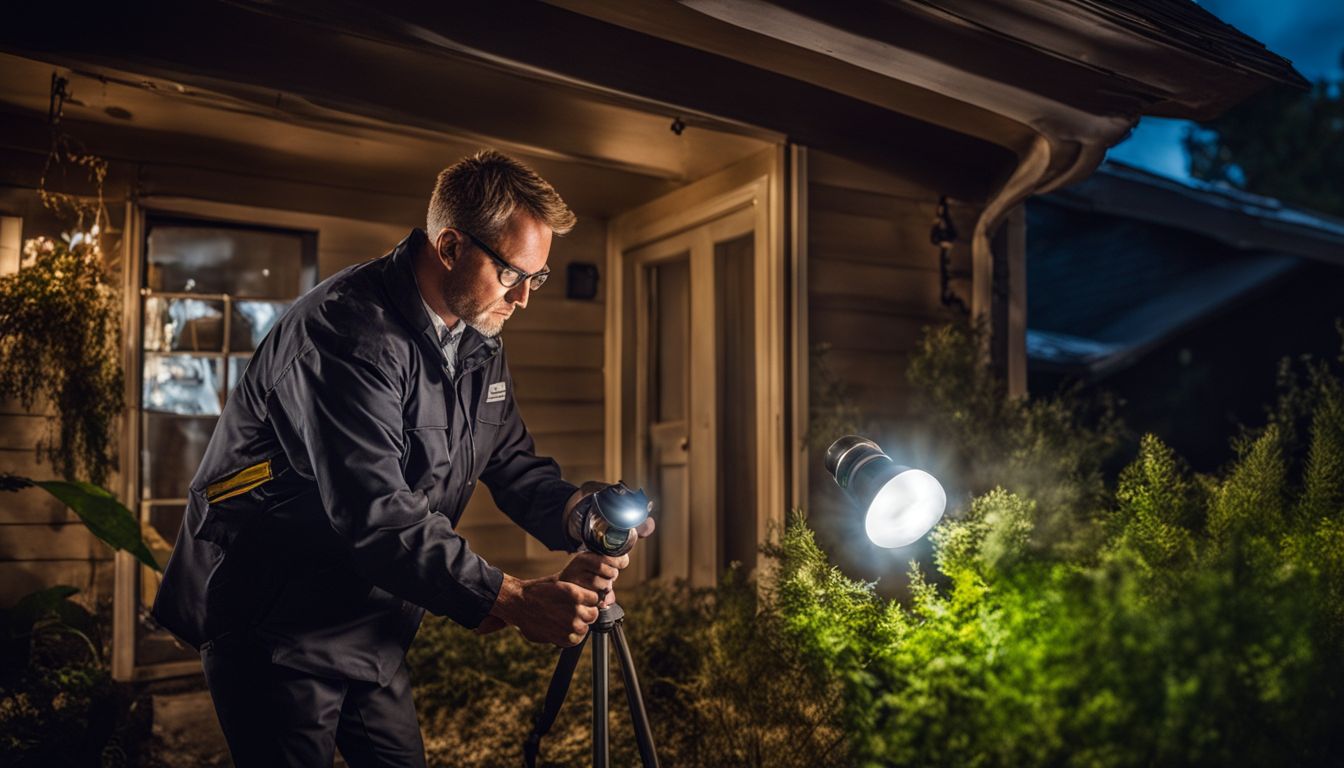 A pest control specialist inspects a house with a flashlight in a well-lit, busy atmosphere.