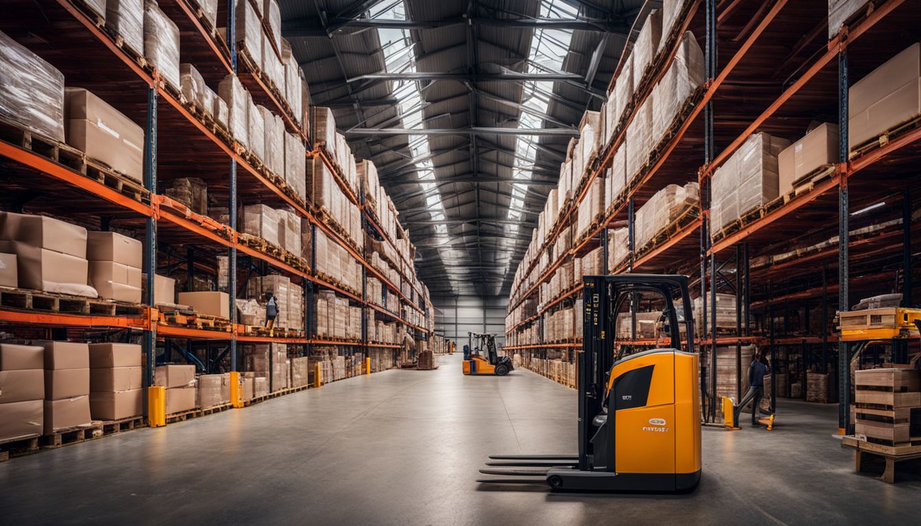 A warehouse with neatly stacked packages and active forklifts, representing a bustling industrial atmosphere.