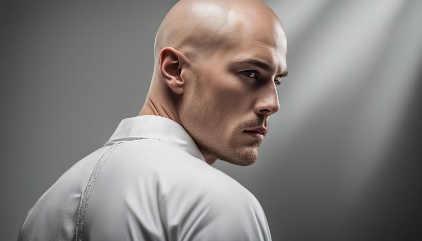Close-up portrait of a person with a shaved head and realistic scalp pigmentation, showcasing different looks and hairstyles.