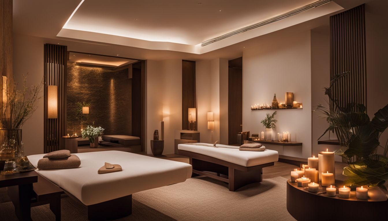 A tranquil spa room with various people enjoying different treatments and a peaceful atmosphere.