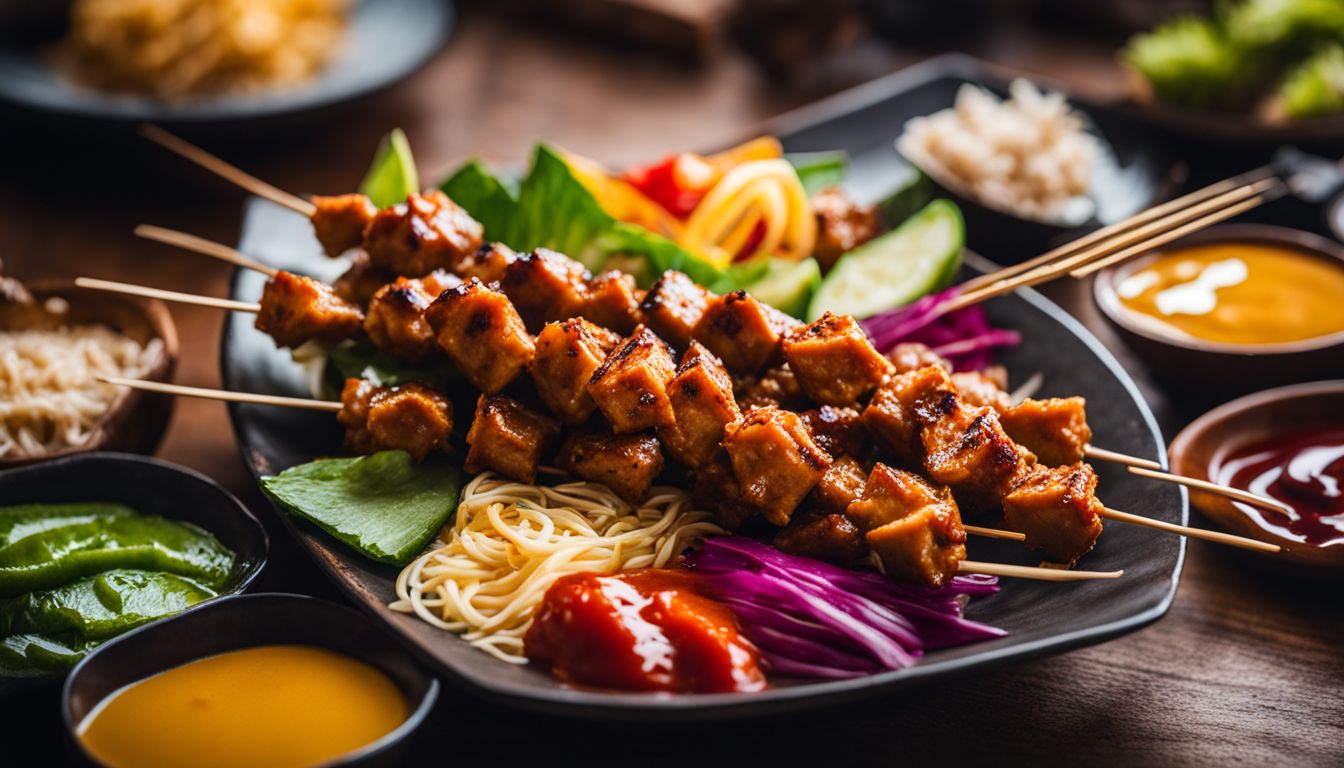 A mouthwatering plate of satay skewers with colorful sauces, showcasing a variety of people enjoying the dish.