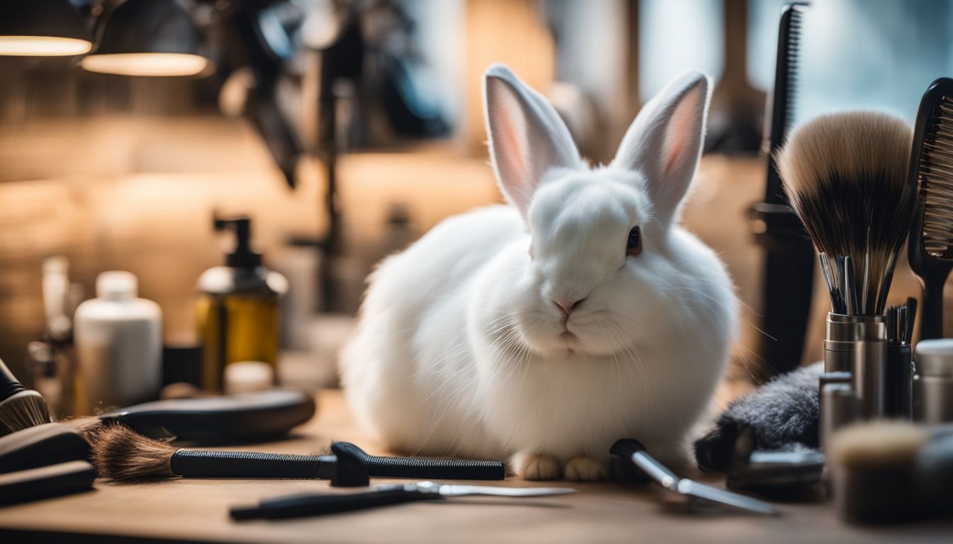 A fluffy white rabbit surrounded by grooming tools and equipment sitting on a grooming table.