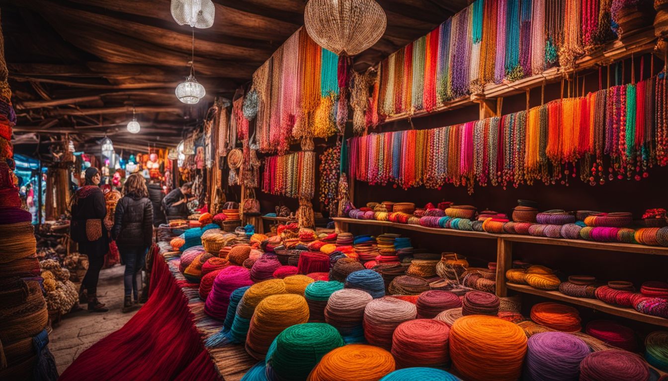 A photo of a vibrant market with colorful traditional crafts and souvenirs on display.