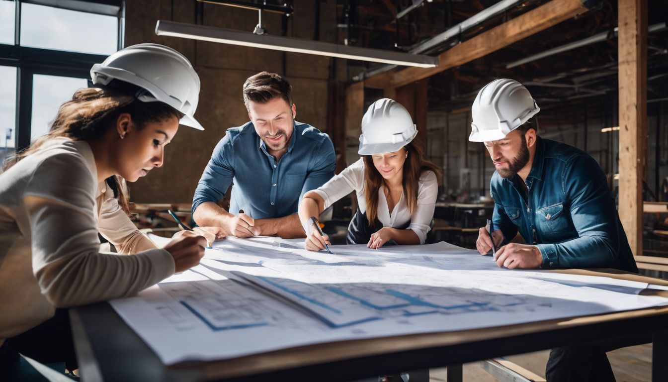 A diverse group of architects and contractors discussing construction plans while studying blueprints in a bustling atmosphere.