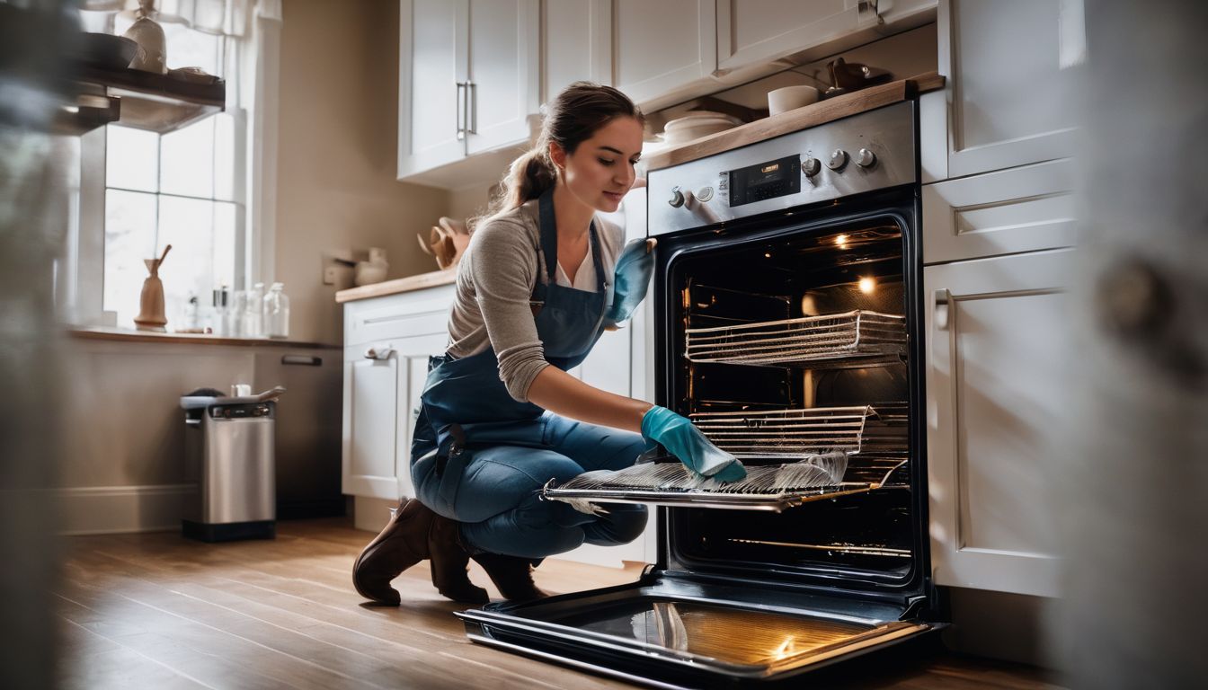 A person cleaning the inside of an oven surrounded by cleaning supplies in a well-ventilated kitchen.