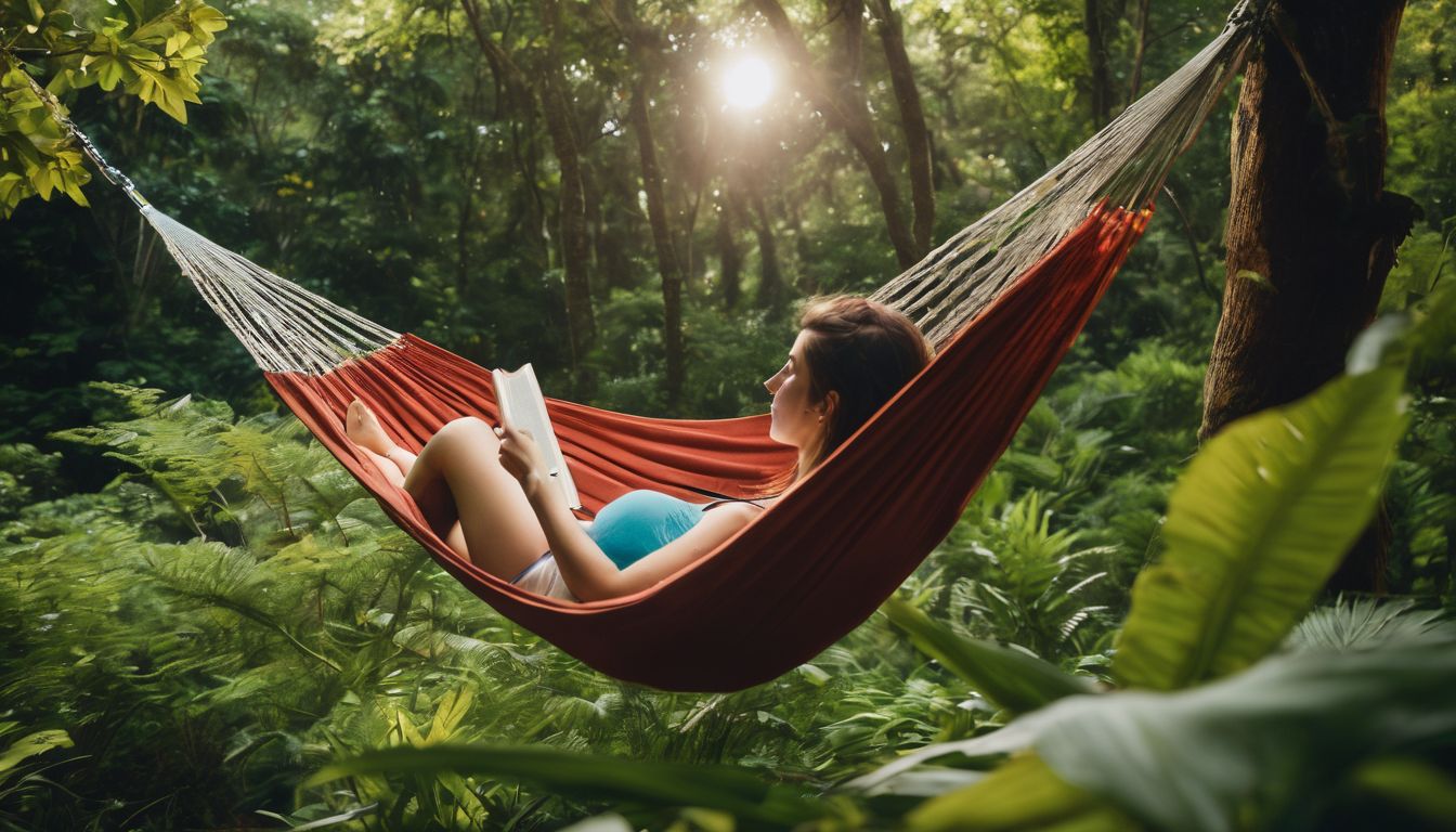 A person relaxes in a hammock surrounded by lush greenery, enjoying a book in a vibrant natural setting.