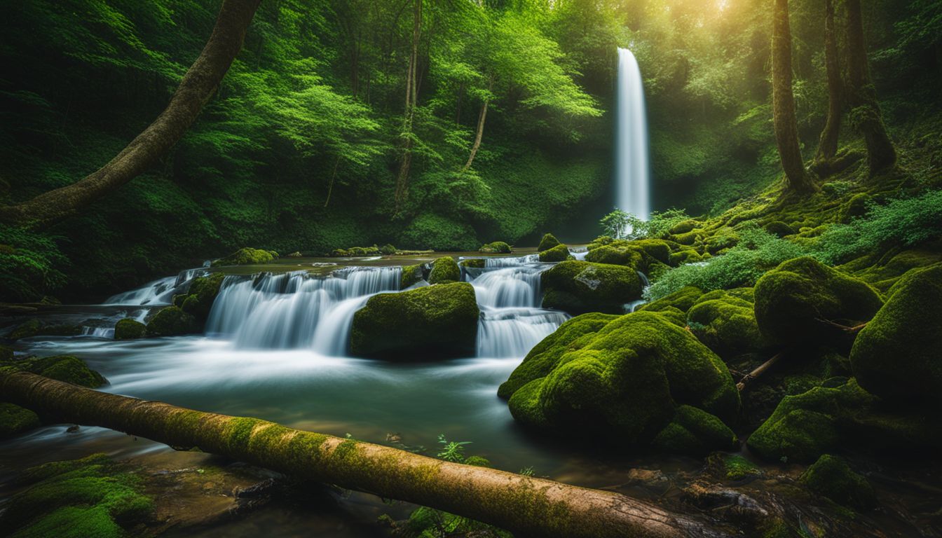 A captivating photograph of a vibrant forest with a beautiful waterfall.