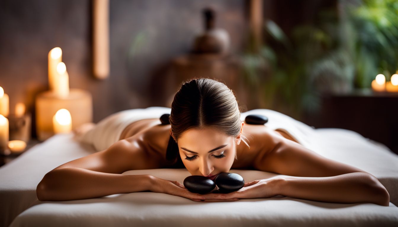 A woman receiving a hot stone massage in a serene spa environment with different people and outfits.