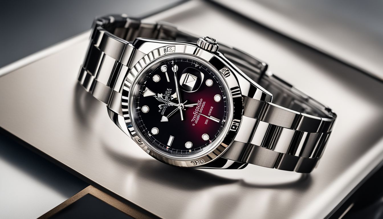 A luxurious Rolex watch is displayed in a modern showroom with various models and styles.