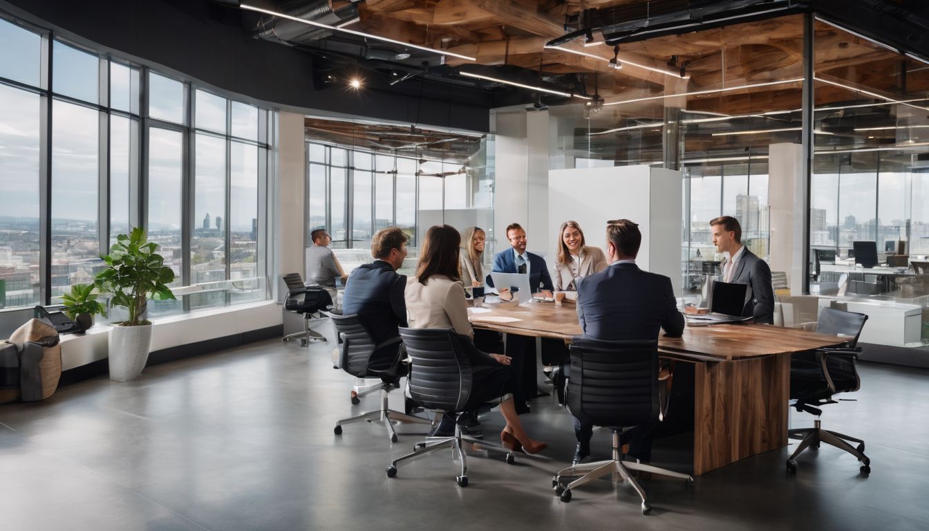 A diverse group of businesspeople discussing pricing and packages in a modern office setting.