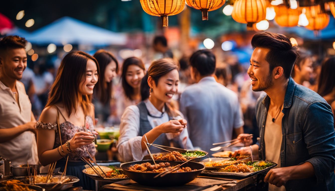Bloggers enjoying a scrumptious satay feast at a vibrant outdoor street food market.