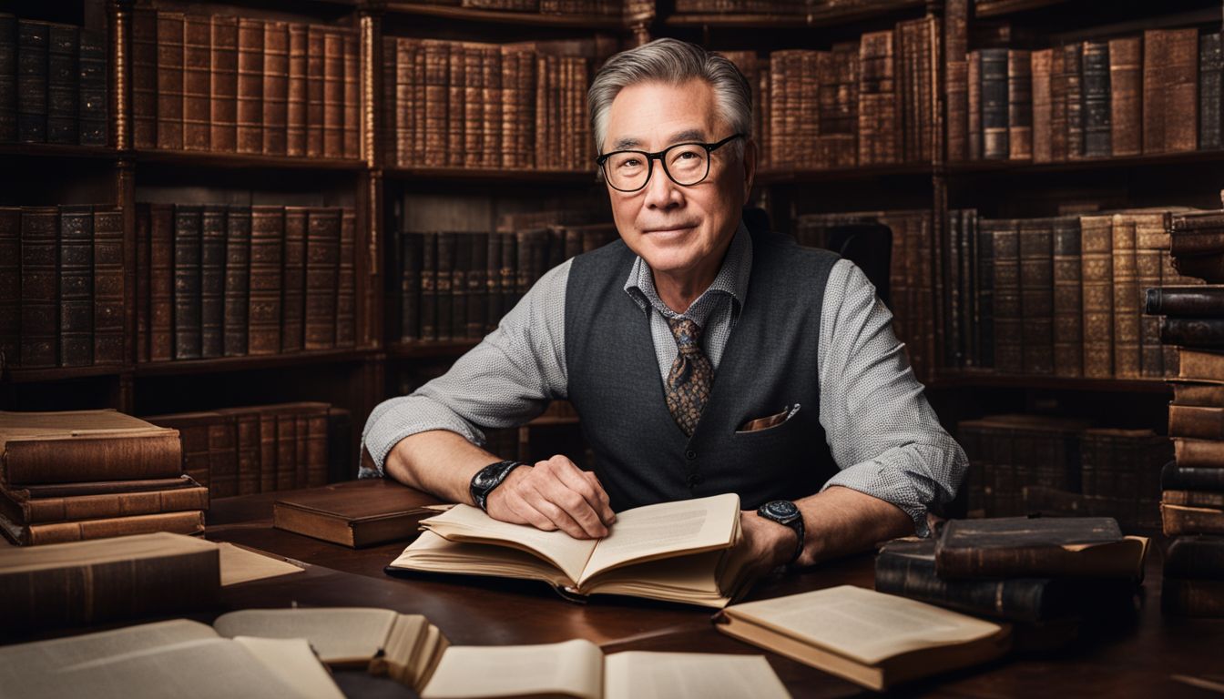 A portrait of Robert Yeo surrounded by stacks of books at his desk, showcasing different faces, hairstyles, and outfits.