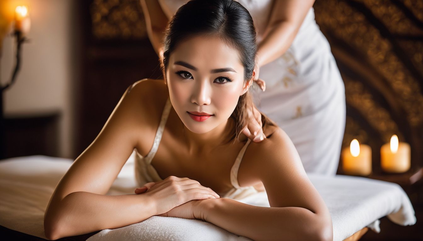 A serene Thai masseuse performs a traditional massage in a beautifully decorated spa room.