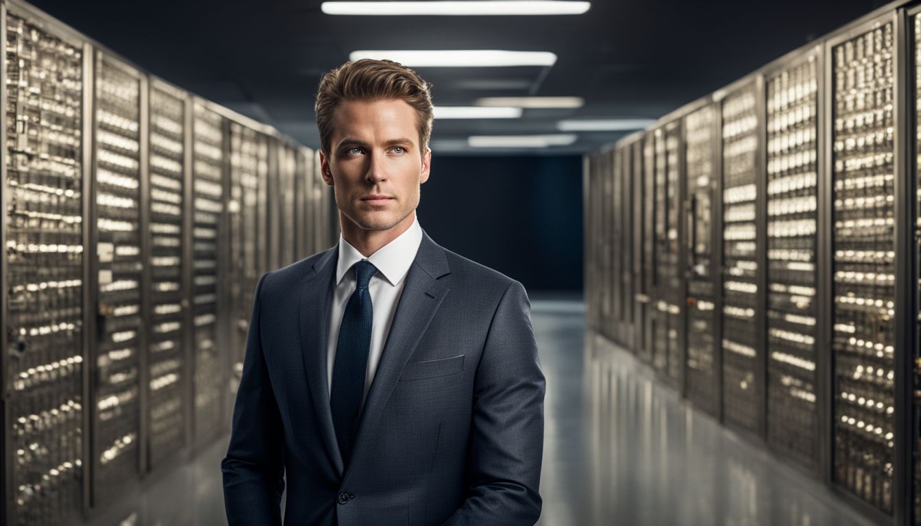 A confident businessman stands in front of a bank vault, showcasing various personal styles.