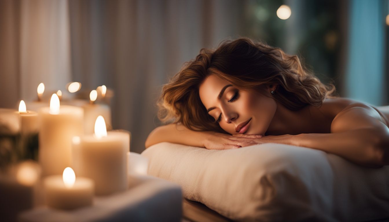 A woman enjoying a peaceful massage surrounded by candles and soft lighting.