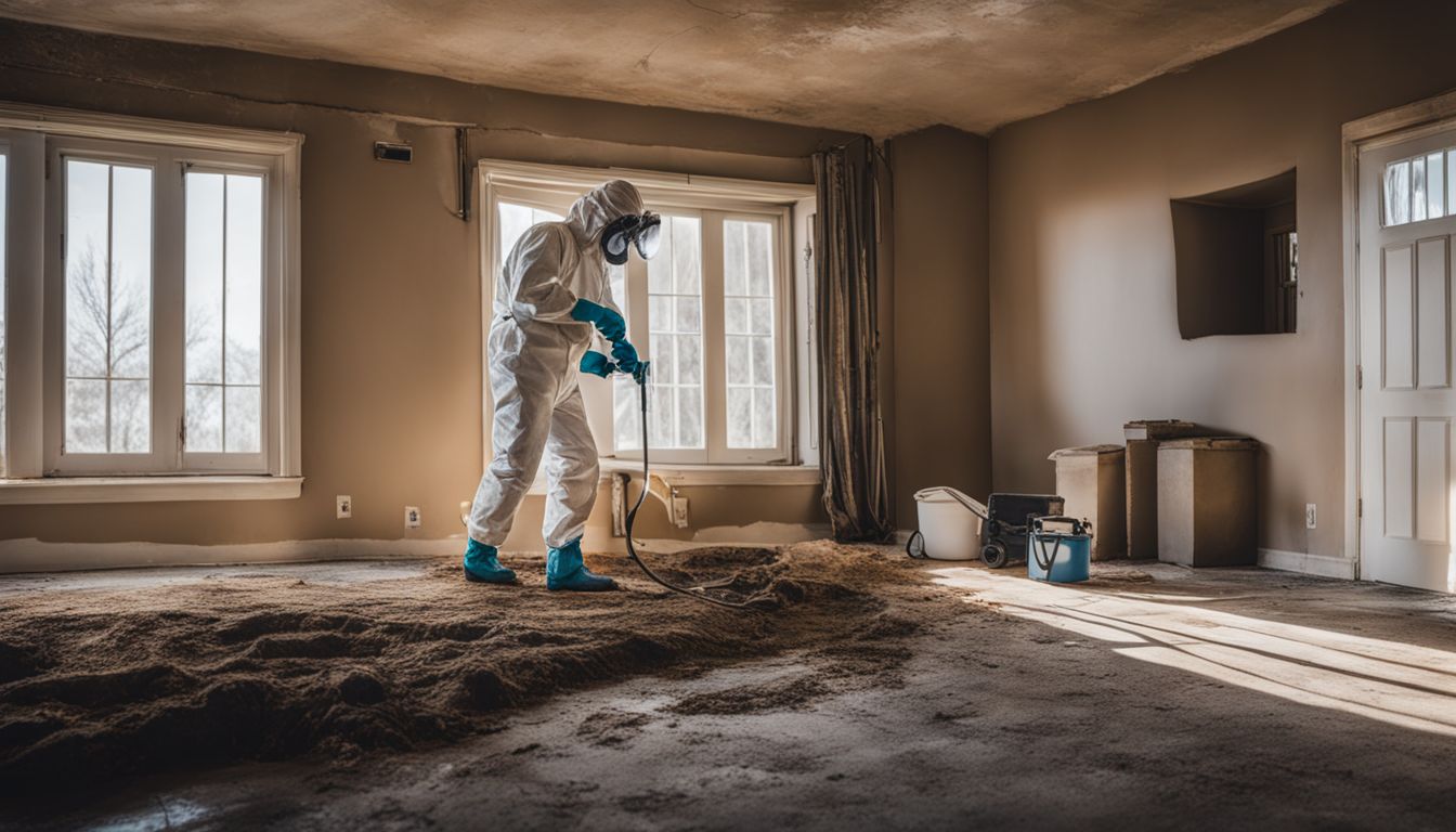 An exterminator in protective gear sealing cracks in a house for pest control.