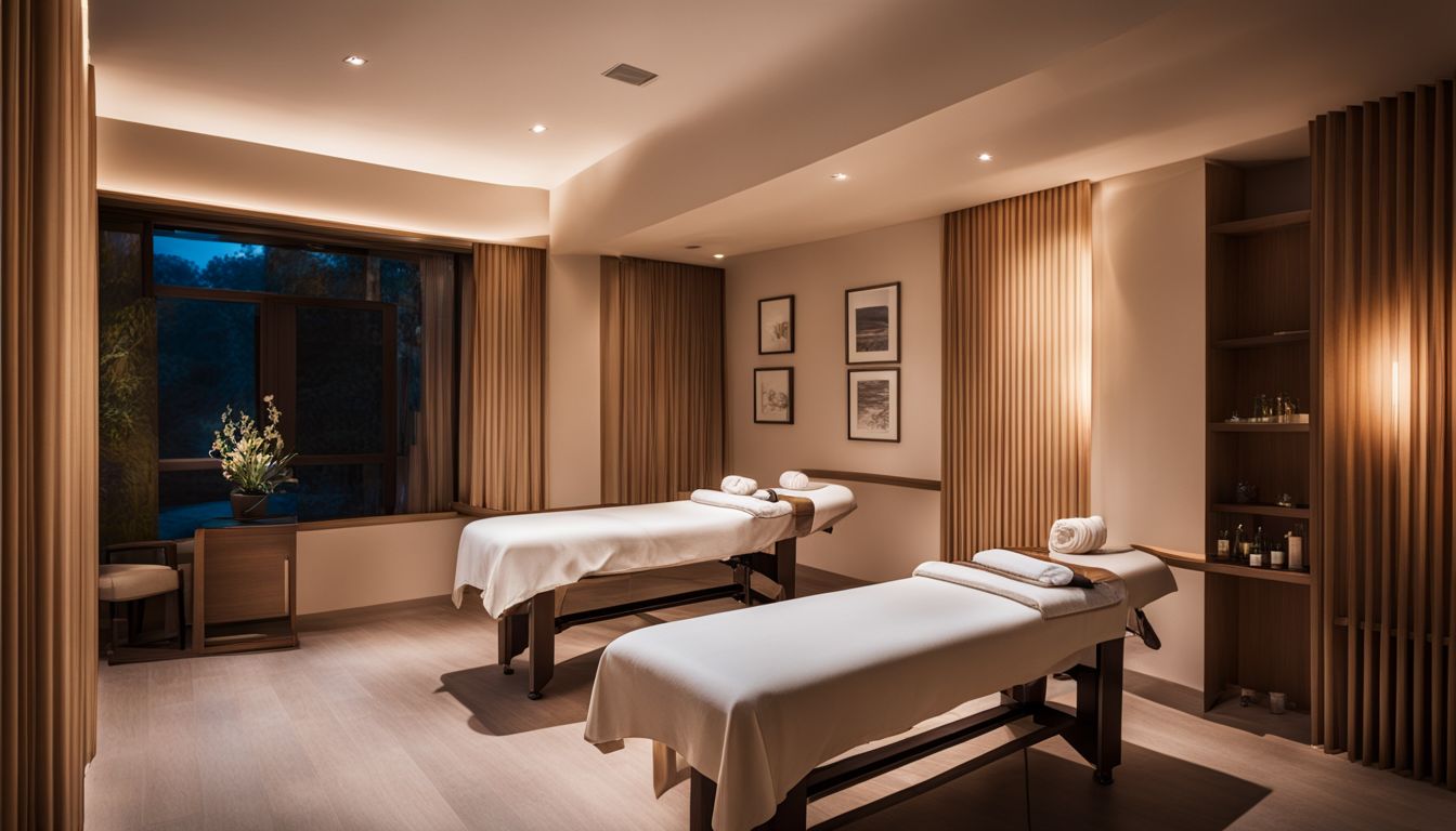 A tranquil massage room with diverse individuals in different outfits, captured in high definition.