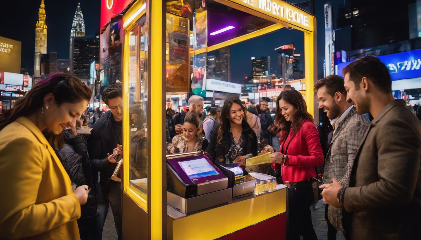 A diverse group of individuals exchanging money at a vibrant money changer booth in a bustling atmosphere.