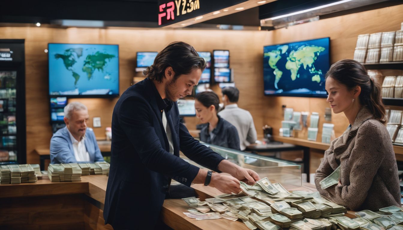 A person exchanging currency at a counter in a bustling atmosphere, surrounded by stacks of foreign money and a world map on the wall.