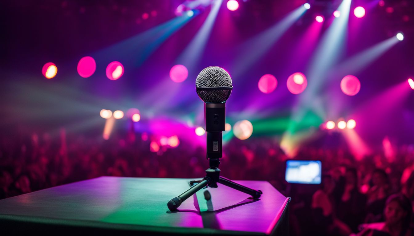 A microphone on a stage in a large auditorium filled with equipment and people.